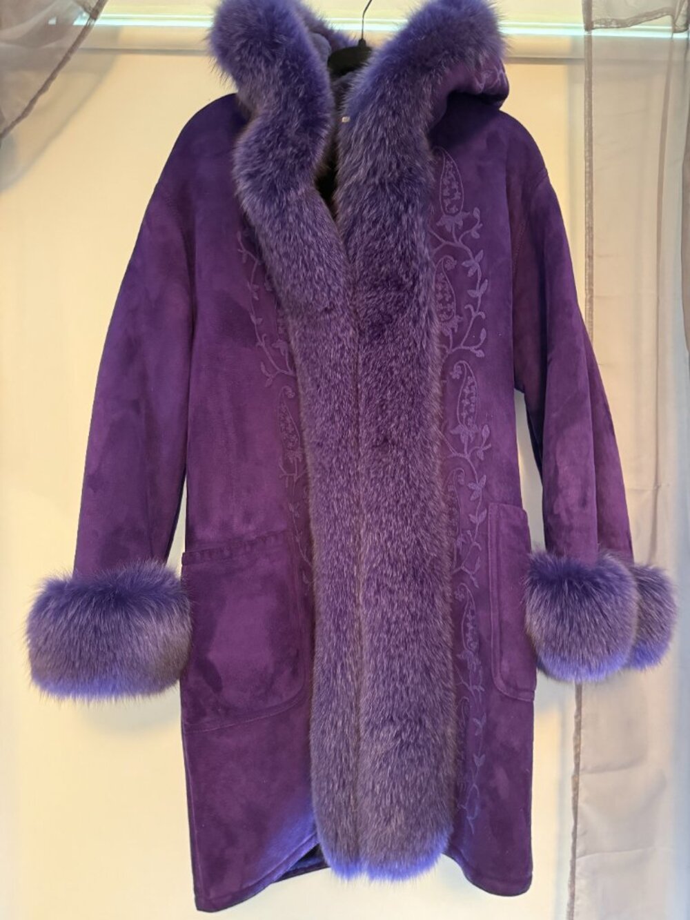 Vintage Neiman Marcus Purple Shearling Lamb Parka with fox trim 1995 Luxury